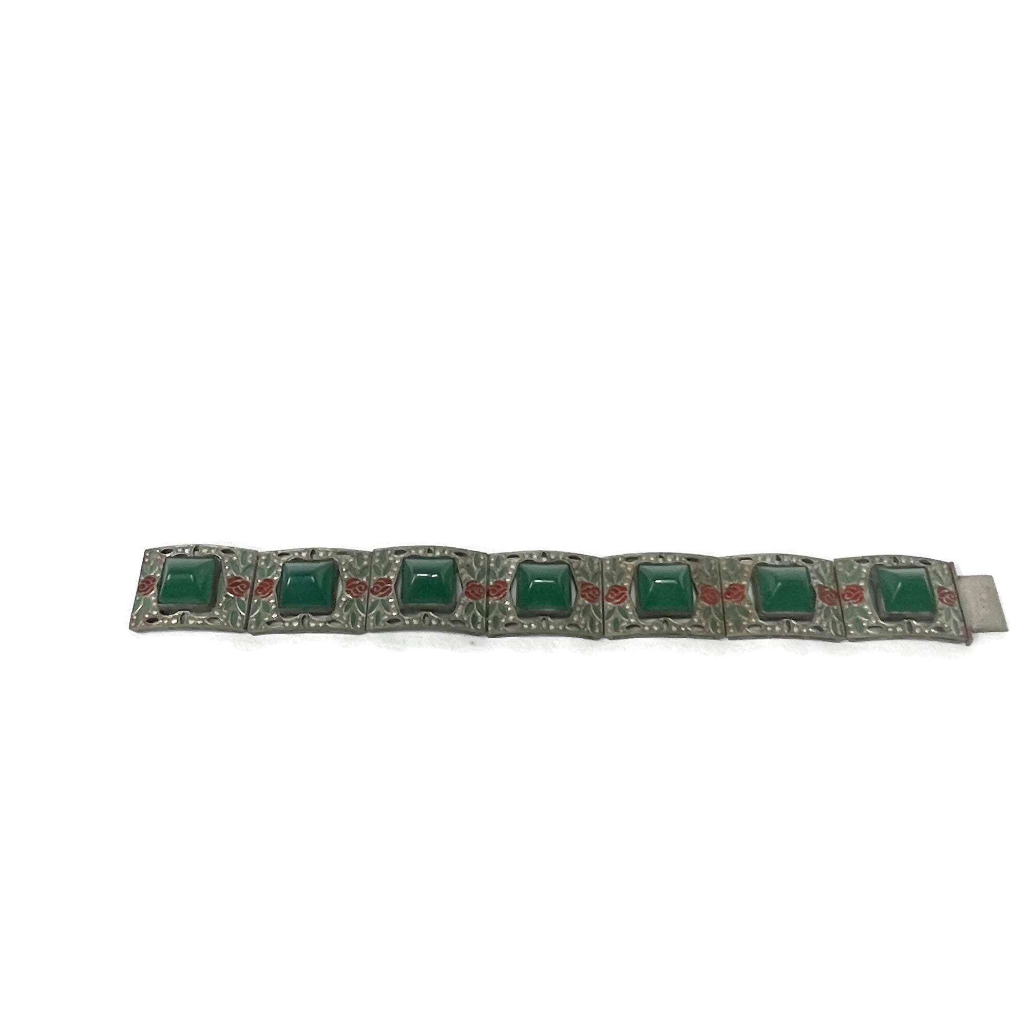 Antique Art Deco Jade Glass Enameled Floral Bracelet