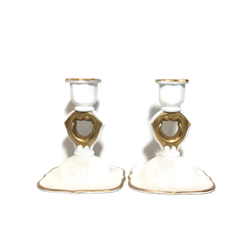 Vintage Pair of White Glass Candle Sticks