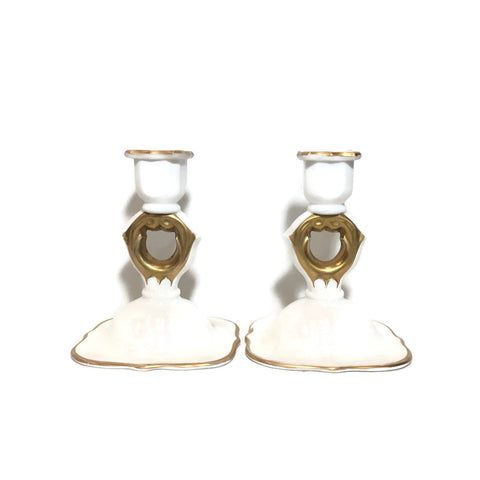 Vintage Pair of White Glass Candle Sticks