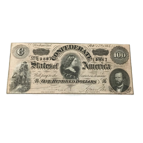 Antique 1864 Confederate Bank Note $100