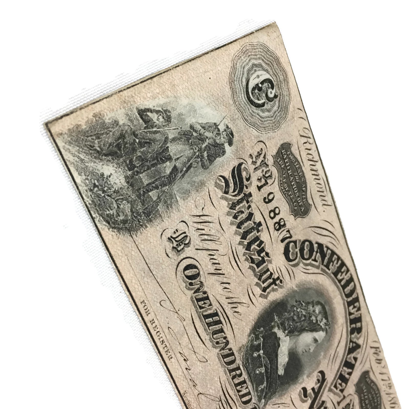 Antique 1864 Confederate Bank Note $100