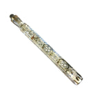 A Victorian glass lachrymatory bottle with a teardrop-shaped body and intricate patterns, featuring silver-colored accents.