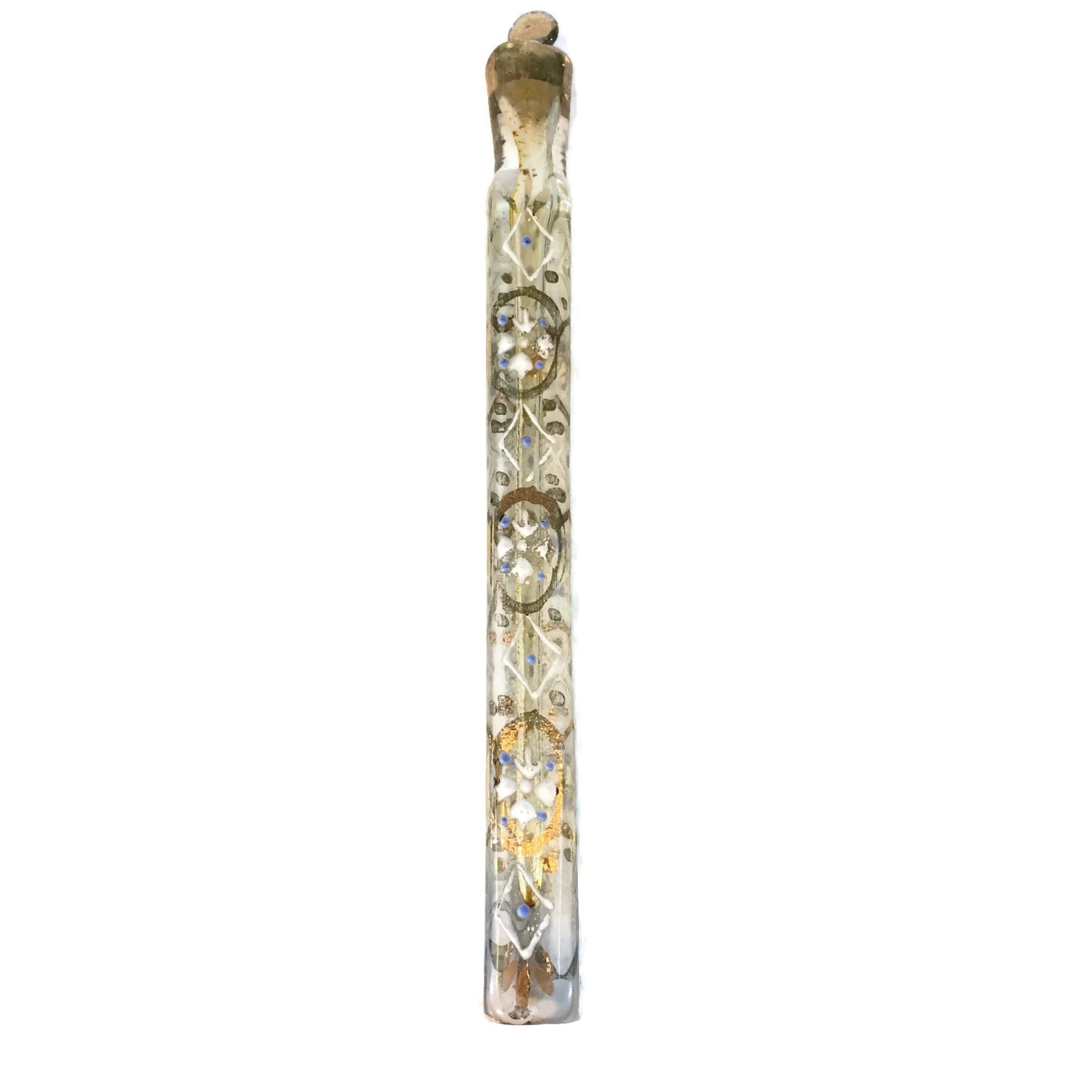 A Victorian glass lachrymatory bottle with a teardrop-shaped body and intricate patterns, featuring silver-colored accents.