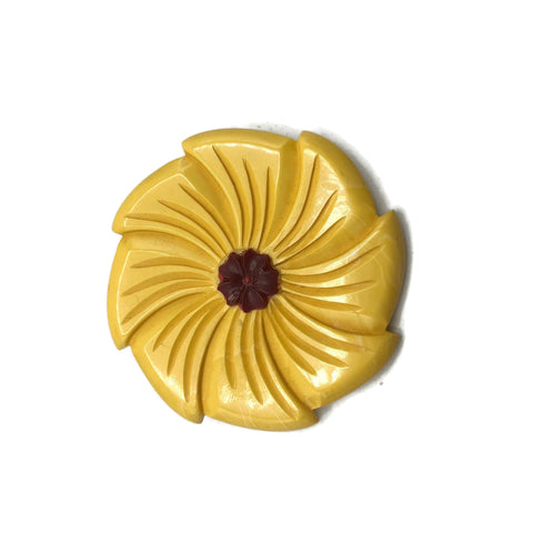 Carved 2 Tone Yellow & Red  Floral Bakelite Brooch 