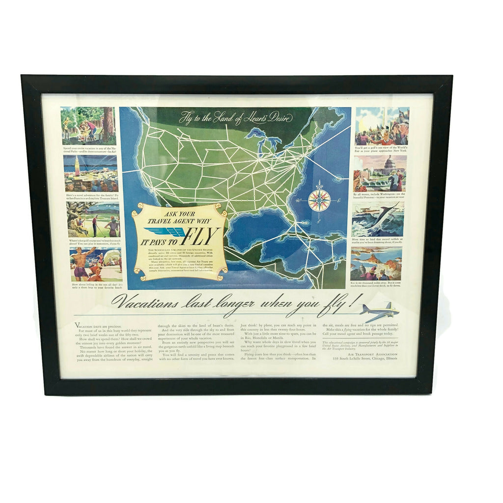 Framed Original Airline Vacation Route Advertisement