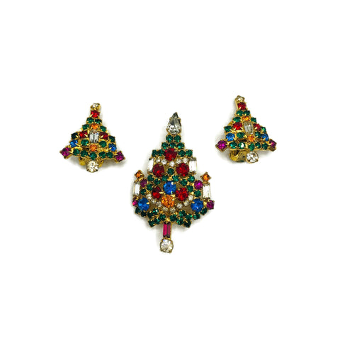 Vintage Warner Rhinestone Christmas Tree Brooch & Earring Set