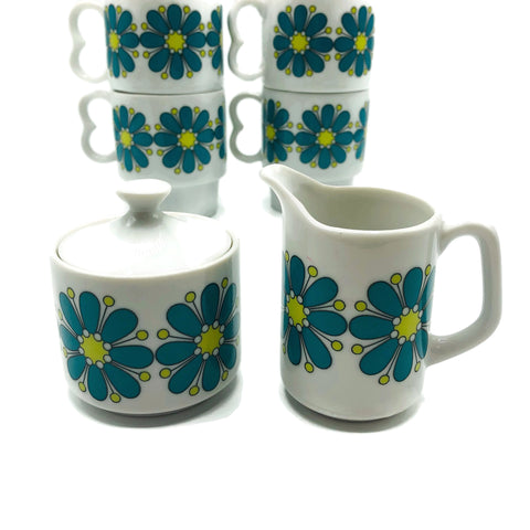 Vintage Retro 1960's 7 Piece Blue Floral Coffee Set