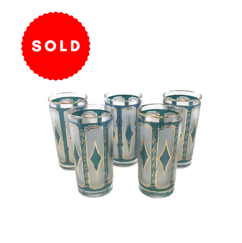 Set of 5 Vintage Mid Century Frosted Turquoise & Gold Glasses