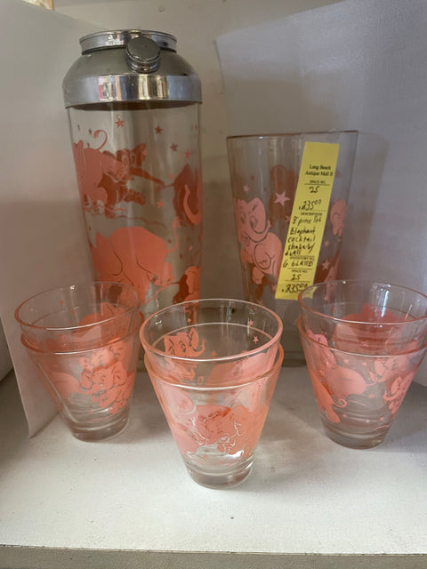 RESERVED FOR KIRA- Vintage Pink Elephant Cocktail Shaker & Glasses 8 PC. Set