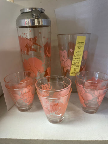 RESERVED FOR KIRA- Vintage Pink Elephant Cocktail Shaker & Glasses 8 PC. Set